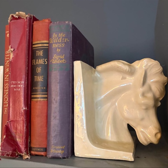 Vintage Art Deco Cream Ceramic Horse Head Bookends Equestrian Library Decor - Picture 2 of 3